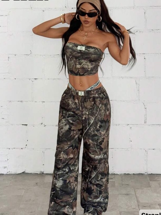 Pants - Camo Print Wide-Leg Joggers and Matching Cropped Tube Top